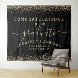 Glitter Script Calligrafie Afstuderen | Zwart goud Wandkleed