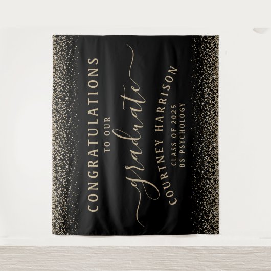 Glitter Script Calligrafie Afstuderen | Zwart goud Wandkleed (Voorkant)