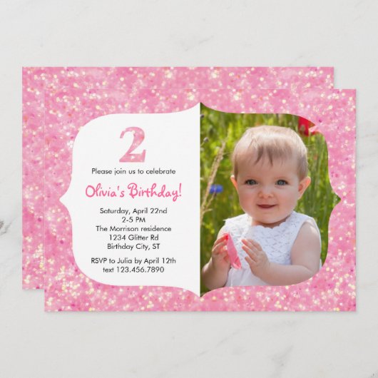 Glitter Second Birthday Invitation Kaart (Voorkant / Achterkant)