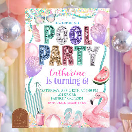 Glitter Sequin Pool Party Birthday invitation Kaart