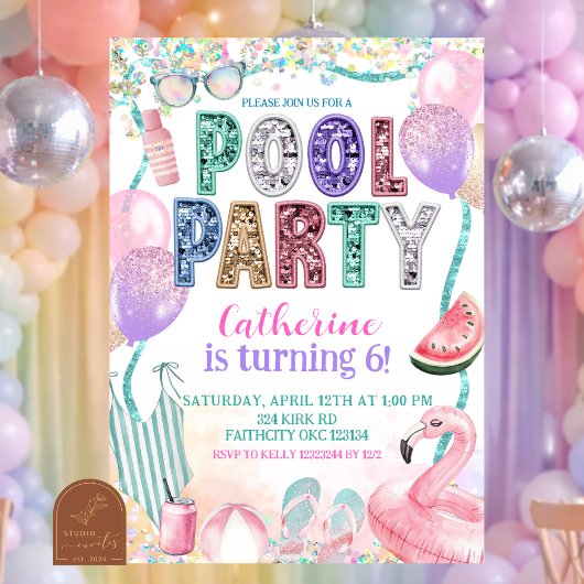 Glitter Sequin Pool Party Birthday invitation Kaart