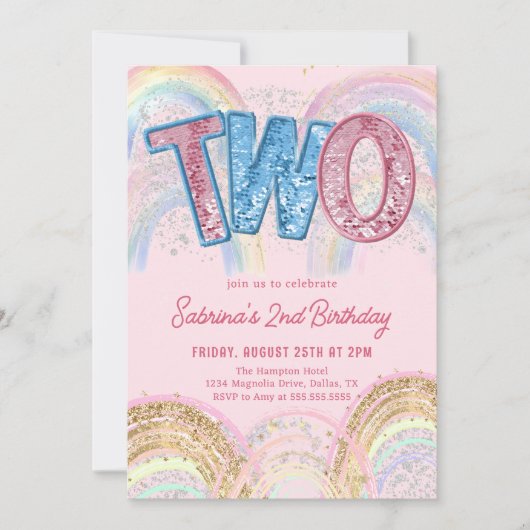 Glitter Sequin Rainbow 2nd Birthday Invitation Kaart (Voorkant)
