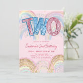Glitter Sequin Rainbow 2nd Birthday Invitation Kaart (Staand voorkant)