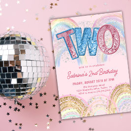 Glitter Sequin Rainbow 2nd Birthday Invitation Kaart