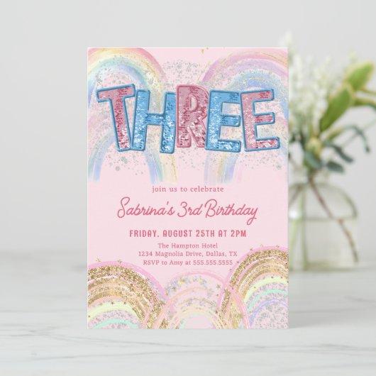 Glitter Sequin Rainbow 3rd Birthday Invitation Kaart (Staand voorkant)