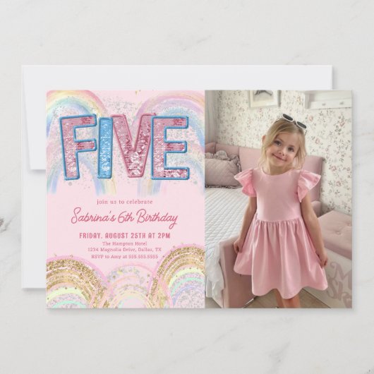 Glitter Sequin Rainbow 5th Birthday Photo Kaart (Voorkant)