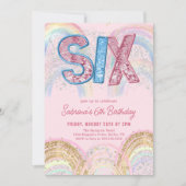 Glitter Sequin Rainbow 6th Birthday Invitation Kaart (Voorkant)