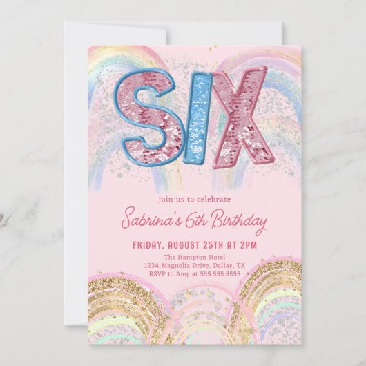 Glitter Sequin Rainbow 6th Birthday Invitation Kaart (Voorkant)