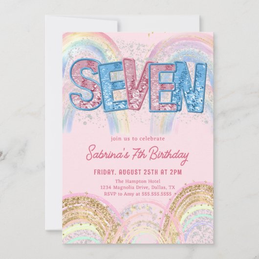 Glitter Sequin Rainbow 7th Birthday Invitation Kaart (Voorkant)