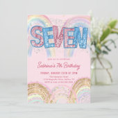 Glitter Sequin Rainbow 7th Birthday Invitation Kaart (Staand voorkant)