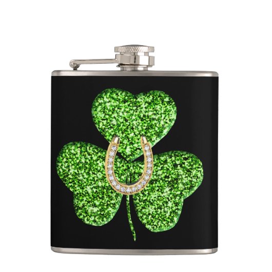 Glitter Shamrock and Hoefijzer Flask Heupfles (Voorkant)