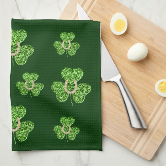 Glitter Shamrock en Hoefijzer keukenhanddoek (Quarter Fold)