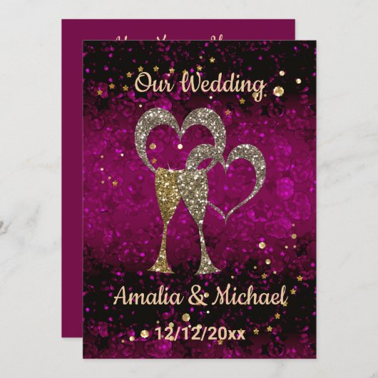 Glitter shine sequinetglazen champagne harten kaart (Voorkant / Achterkant)