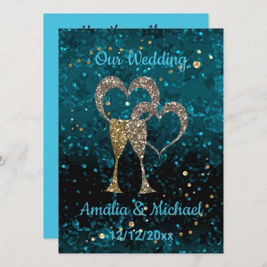 Glitter shine sequinetglazen champagne harten kaart (Voorkant / Achterkant)