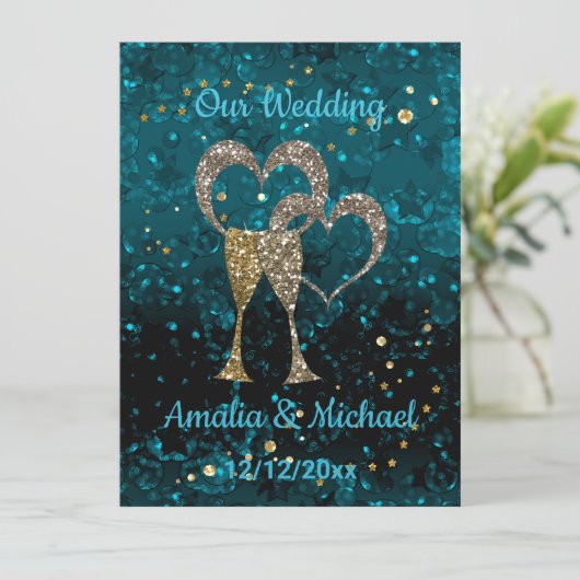 Glitter shine sequinetglazen champagne harten kaart (Staand voorkant)