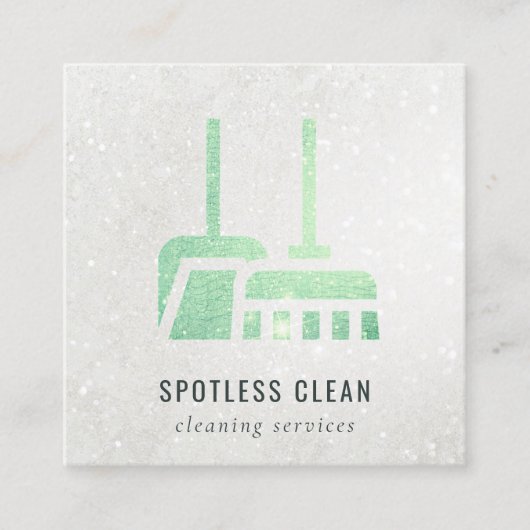 Glitter Shiny Neon Green Broom Cleaning Service Vierkante Visitekaartje (Voorkant)