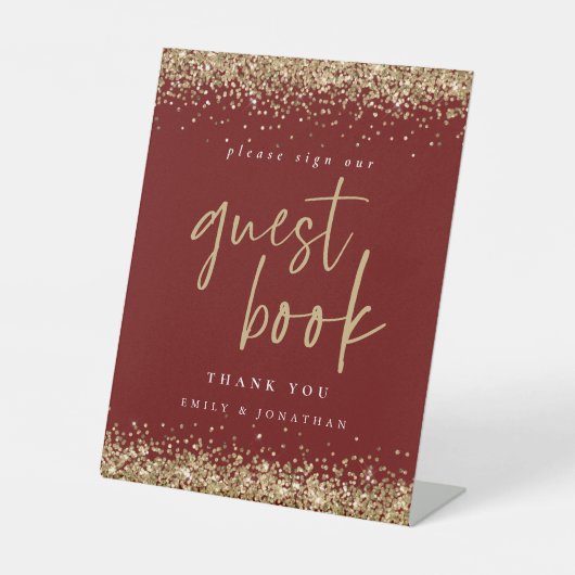 Glitter Sign Guest Book Bourgogne Weddenschap Reclamebord Met Voetstuk (Voorkant)