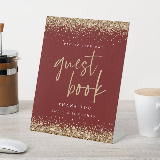 Glitter Sign Guest Book Bourgogne Weddenschap Reclamebord Met Voetstuk (Insitu)