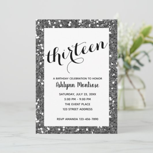 Glitter Silver 13th Birthday Invitation Kaart (Staand voorkant)
