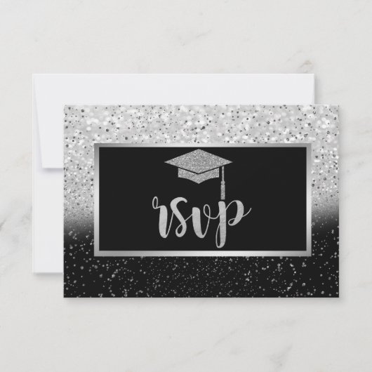 Glitter Silver Afstudeerder Pet, Confetti Graduati RSVP Kaartje (Voorkant)