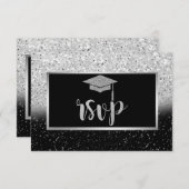 Glitter Silver Afstudeerder Pet, Confetti Graduati RSVP Kaartje (Voorkant / Achterkant)