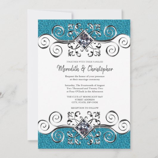 Glitter Silver Bling Blauwgroen Blue Wedding Uitno Kaart (Voorkant)