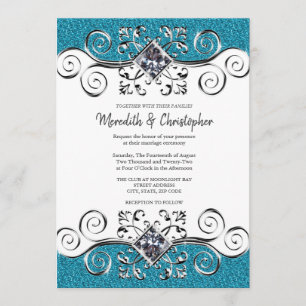 Glitter Silver Bling Blauwgroen Blue Wedding Uitno Kaart