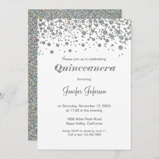 Glitter Silver confetti Quinceanera Uitnodiging (Voorkant / Achterkant)