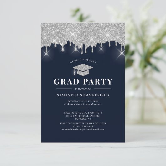 Glitter Silver Drip Pet Afstuderen 2022 Afstudeerd Kaart (Staand voorkant)