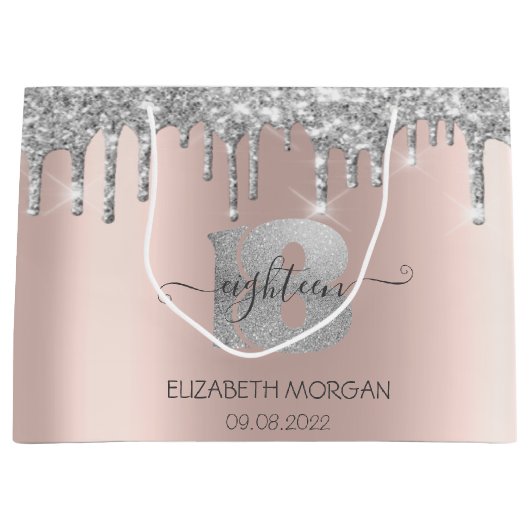 Glitter Silver Drips Roos Gold 18e verjaardag Groot Cadeauzakje (Voorkant)