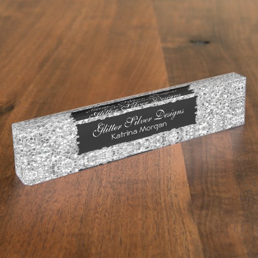 Glitter Silver Elegance Naambordje (Zijkant)
