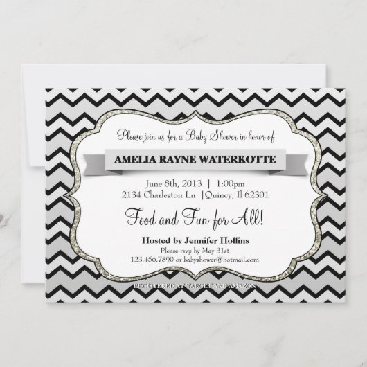 Glitter Silver en Black Chevron Baby shower Kaart (Voorkant)