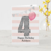 Glitter Silver en Pink 4e verjaardag Kaart (Gele Bloem)