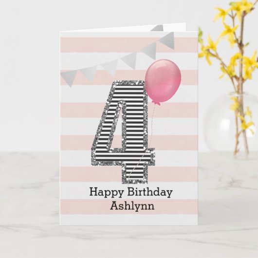 Glitter Silver en Pink 4e verjaardag Kaart (Gele Bloem)