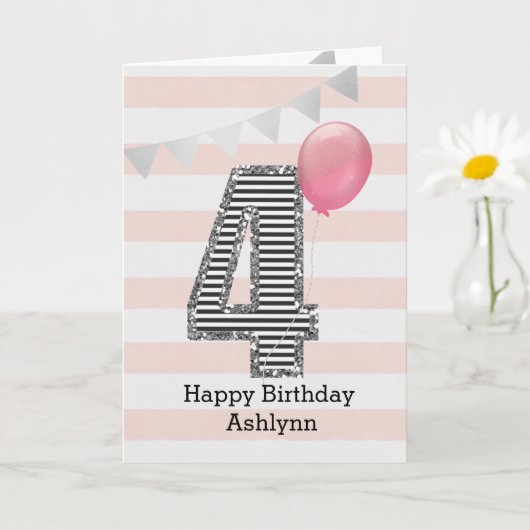 Glitter Silver en Pink 4e verjaardag Kaart (Kleine Plant)