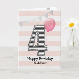 Glitter Silver en Pink 4e verjaardag Kaart