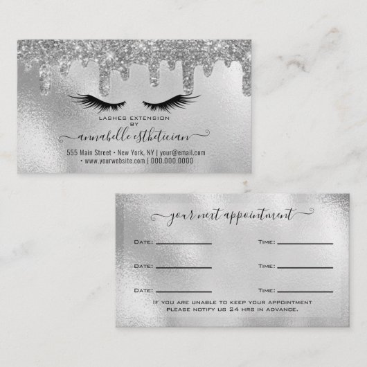 Glitter Silver Eyelash Extension Appointment Visitekaartje (Voorkant / Achterkant)