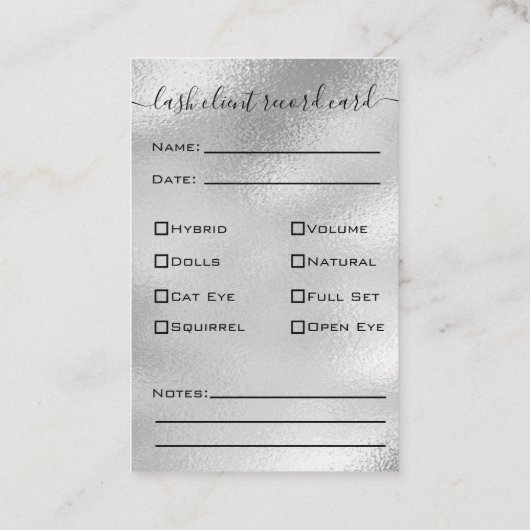 Glitter Silver Eyelash Extension Client Record Visitekaartje (Achterkant)