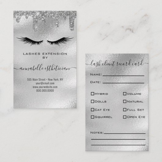 Glitter Silver Eyelash Extension Client Record Visitekaartje (Voorkant / Achterkant)