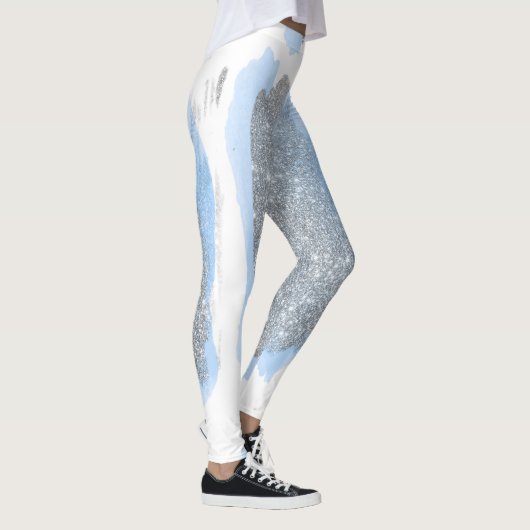 Glitter Silver Grey Blue Brushkes Sparkly Leggings (Rechts)