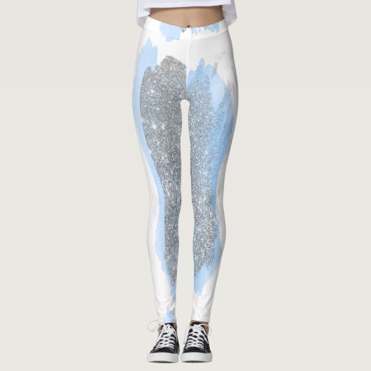 Glitter Silver Grey Blue Brushkes Sparkly Leggings (Voorkant)