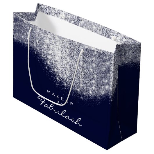Glitter Silver Grey Name Blue Navy Bridal White Large Cadeautasje (Voorkant Gekanteld)