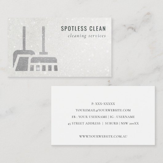 Glitter Silver Grey Shiny Broom Cleaning Service Visitekaartje (Voorkant / Achterkant)