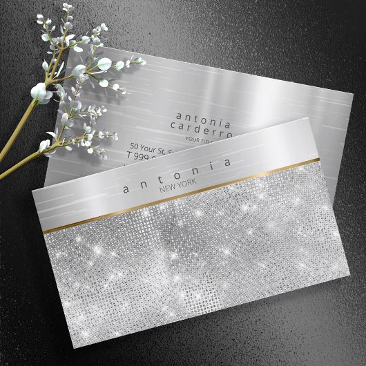Glitter Silver ID802, geborsteld metalen band Visitekaartje