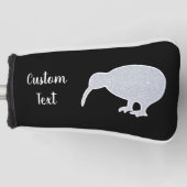 Glitter Silver NZ Kiwi op Black, Custom Putter Golfheadcover (Voorkant)