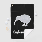 Glitter Silver NZ Kiwi op zwart, aangepaste tekst Golfhanddoek (Insitu)