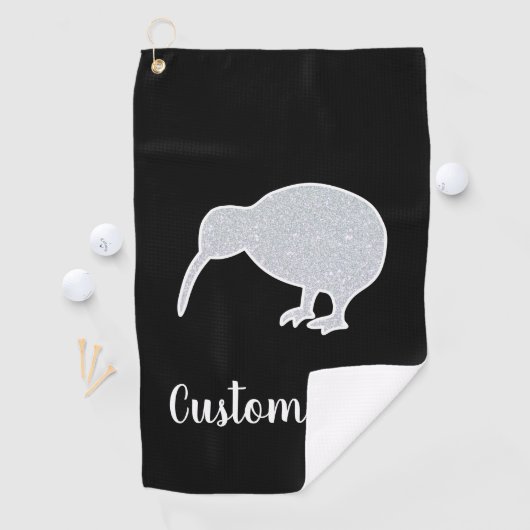 Glitter Silver NZ Kiwi op zwart, aangepaste tekst Golfhanddoek (Insitu)