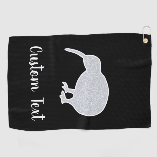 Glitter Silver NZ Kiwi op zwart, aangepaste tekst Golfhanddoek (Horizontaal)