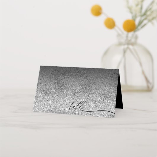 Glitter Silver Plain Clean Script Table Plaatskaartje (Voorkant)