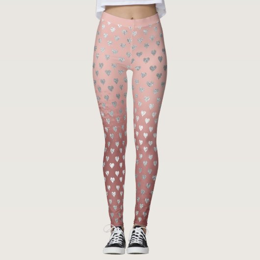 Glitter Silver Small Hearts Roze Roze Goud Glas Leggings (Voorkant)